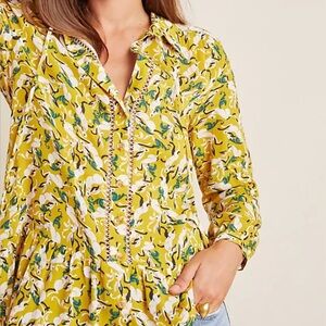 Anthropologie Maeve Janie Yellow Rabbit Flounced Peasant Shirt Sz 4 Boho Easter
